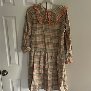 Brown and Cream Casual Dress with Sailor Collar and Bishop Sleeves